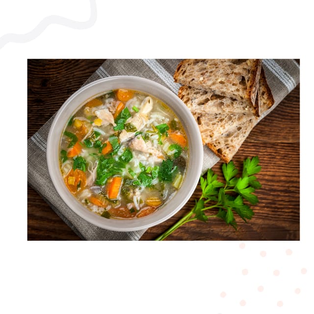 chicken soup with barley &amp; green, leafy veg